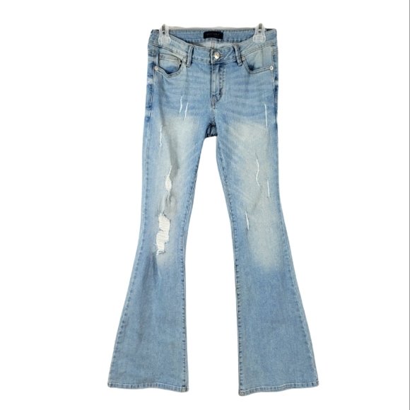 JUST USA Light Blue Distressed Flared Leg High Rise Jeans Size 3 Junior. - Picture 2 of 15